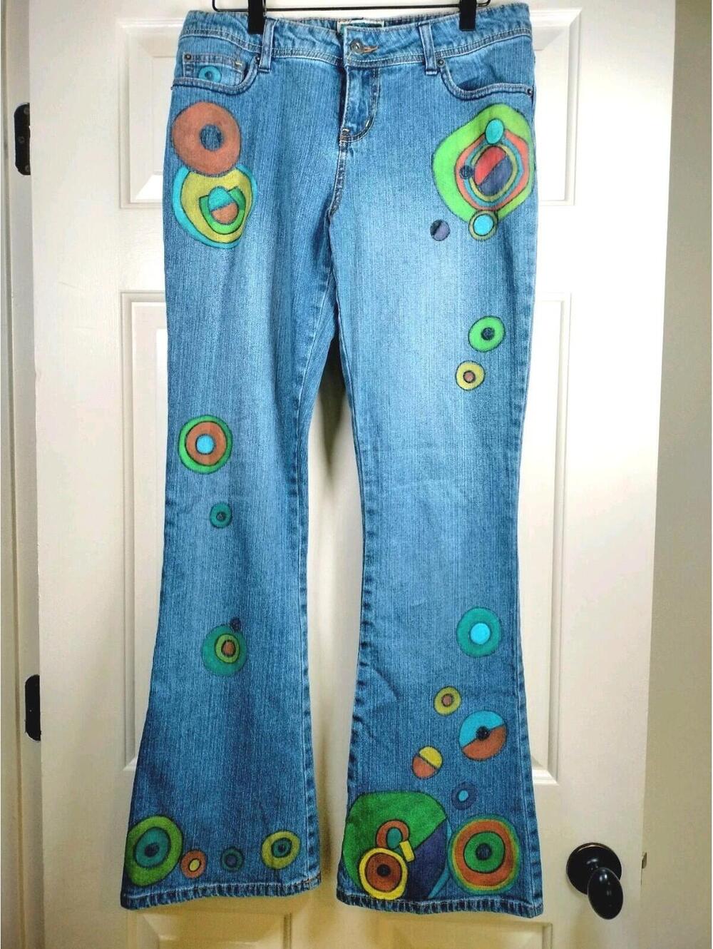 VTG ZANA-DI Custom Painted Flare Jeans Women’s 11 Y2K Boho Hippie Mid Rise